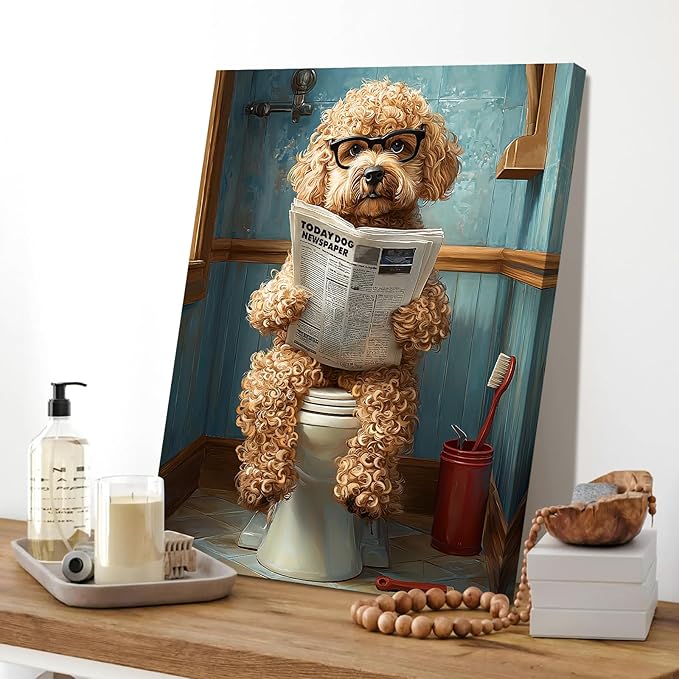 WENGTIAO Funny Dog Framed Canvas Wall Art Brown Poodle On Toilet Reading Newspaper Print Poster Humor Animal Bathroom Painting Pictures Dog Lovers Restroom Artwork for Home Washroom 12x16in