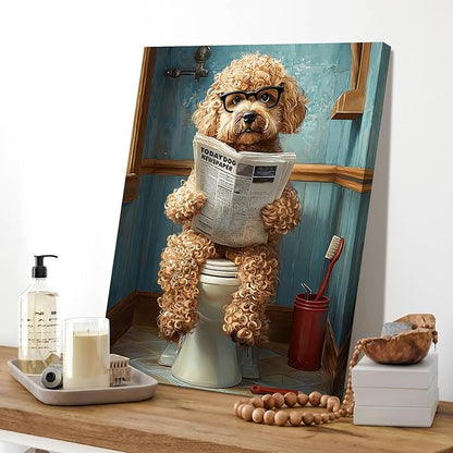 WENGTIAO Funny Dog Framed Canvas Wall Art Brown Poodle On Toilet Reading Newspaper Print Poster Humor Animal Bathroom Painting Pictures Dog Lovers Restroom Artwork for Home Washroom 12x16in
