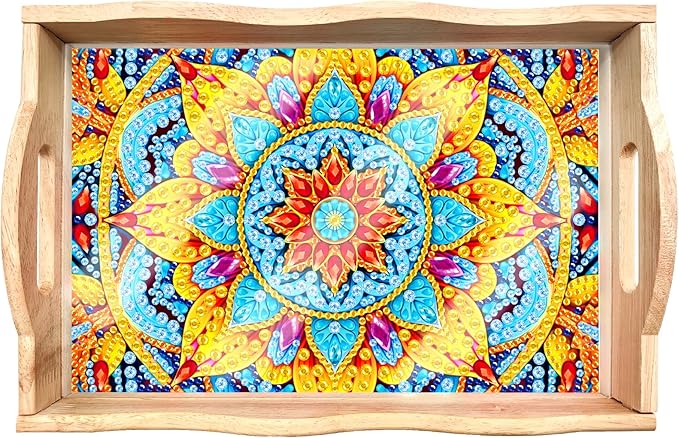 FGbaby DIY 5D Yellow Mandala Diamond Painting Wood Serving Tray with Handles Diamond Art Decor Serving Trays Wooden Tray for Breakfast in Bed, Patio, BBQ, Coffee Table, Party –Great for Lap & Couch