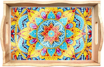FGbaby DIY 5D Yellow Mandala Diamond Painting Wood Serving Tray with Handles Diamond Art Decor Serving Trays Wooden Tray for Breakfast in Bed, Patio, BBQ, Coffee Table, Party –Great for Lap & Couch