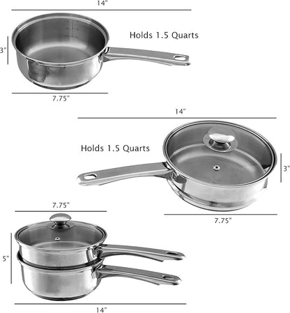 6 Cup Double Boiler Pot Set – 1.5 Quart Stainless-Steel Saucepan 2-in-1 with Vented Glass Lid – Kitchen Cookware with Measurements by Classic Cuisine