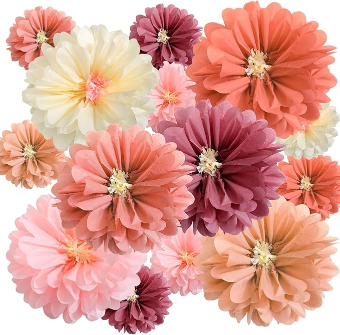 12 Pcs 10" 20" Giant Mexican Fiesta Paper Flowers Colorful Tissue Crepe Flowers Pom Poms Craft for Floral Party Backdrop Wedding Birthday Party (Dusty Color)