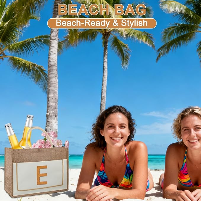 DIY Personalized Canvas Tote Bag with Embroidery Kit, Sturdy Jute Craft Bag with Front Pocket & Water-Resistant Lining, Customizable Gift Tote for Women, Everyday Use, Beach, Work, Groceries (E)