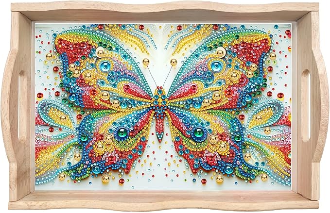 DIY Diamond Art Wooden Tray Kit, Food Tray with Handle Diamond Painted Table Decoration Tray, for Breakfast, Bar Dinner Table Diamond Dots Gem Painting Art Set for Beginners-#29-Butterfly