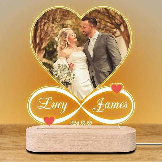 Personalized Photo Frame with Night Light, Custom Picture Frame with Photo, Acrylic Plaque Gift for Couple, Christmas Anniversary Birthday Gifts for Her Him Wife Husband (Heart 1)