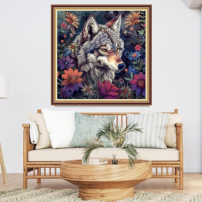 DMCVIVR Stamped Cross Stitch Kits for Adults Beginners Embroidery Kits 11CT Needlepoint Kits Cross Stitch Patterns Embroidery Patterns-Wolf King Flower 18x18 inch
