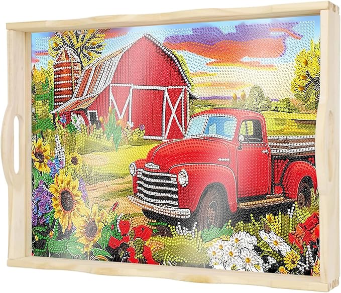 DOTSOPS DIY Diamond Painting Serving Tray with Handle for Adults 5D Diamond Art Kits for Beginners Full Drill Diamond Dots Gem Arts and Crafts Special Shape Living Room 12 x 16 Inches Red Car