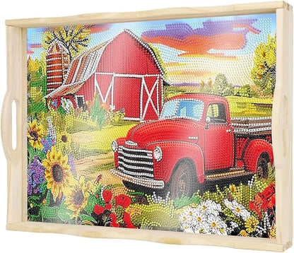 DOTSOPS DIY Diamond Painting Serving Tray with Handle for Adults 5D Diamond Art Kits for Beginners Full Drill Diamond Dots Gem Arts and Crafts Special Shape Living Room 12 x 16 Inches Red Car