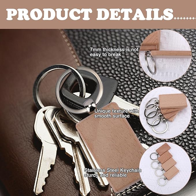 Blank Wooden Key Chain 10 Pieces,Rectangle Wood Blanks for Key Chains, Wood Engraving Blanks for DIY Gift CraftsBlanks Unfinished Wooden Key Ring Key Tag for DIY Gift Crafts