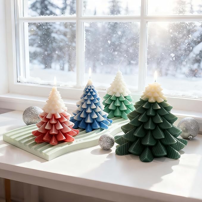 2Pcs Christmas Tree Candle Molds, 3D Silicone Mold for Candle Epoxy Resin Soap Cake Chocolate Making with 20 Wicks & Lables for DIY Xmas Gift Art Craft Home Decoration