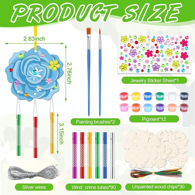 Colingmill 30 Pack Spring Flower Wind Chime Kit Make You Own Crafts Wind Chimes Outdoors Decorative DIY Coloring Wooden Crafts for Spring Gift Art Room Birthday Party Favors