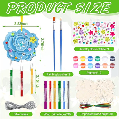 Colingmill 30 Pack Spring Flower Wind Chime Kit Make You Own Crafts Wind Chimes Outdoors Decorative DIY Coloring Wooden Crafts for Spring Gift Art Room Birthday Party Favors