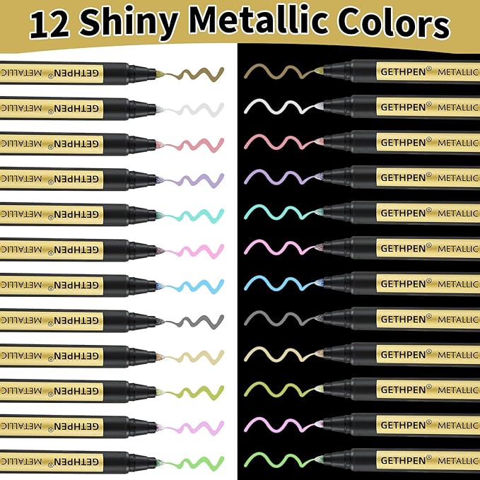 GETHPEN Metallic Marker Pens,12 Colors Acrylic Metallic Markers for Black Paper,2mm Medium Tip Glitter Pens Stocking Stuffers for Scrapbooking, Rock Painting, Glass, Wood,Card Making, Photo Albums