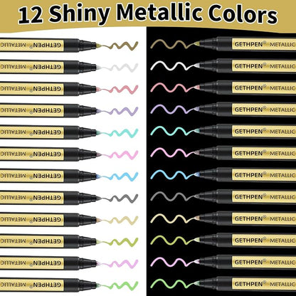 GETHPEN Metallic Marker Pens,12 Colors Acrylic Metallic Markers for Black Paper,2mm Medium Tip Glitter Pens Stocking Stuffers for Scrapbooking, Rock Painting, Glass, Wood,Card Making, Photo Albums