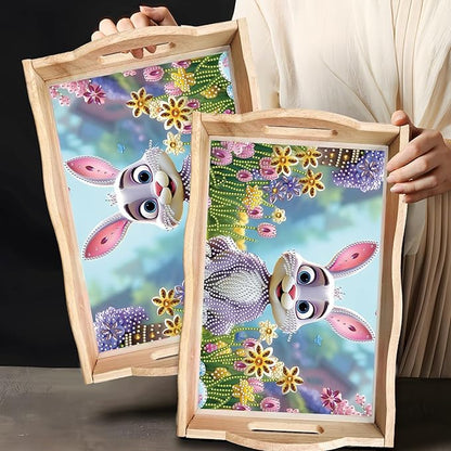 DIY Diamond Art Wooden Tray Kit, Food Tray with Handle Diamond Painted Table Decoration Tray, for Breakfast, Bar Dinner Table Diamond Dots Gem Painting Art Set for Beginners-#39-Easter Bunny