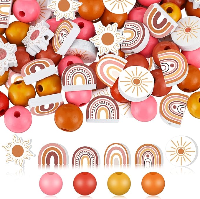 200 Pcs Rainbow Wooden Beads for Crafts First Trip Around The Sun Spacer Wood Boho Rainbow Rustic Farmhouse Beads for DIY Home Party Decors