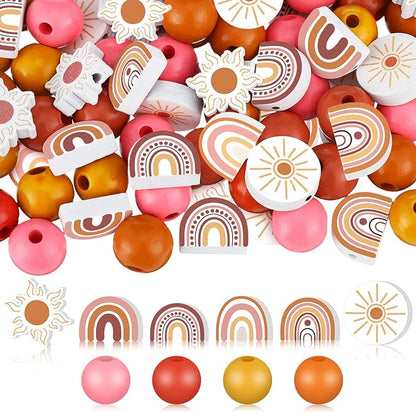 200 Pcs Rainbow Wooden Beads for Crafts First Trip Around The Sun Spacer Wood Boho Rainbow Rustic Farmhouse Beads for DIY Home Party Decors