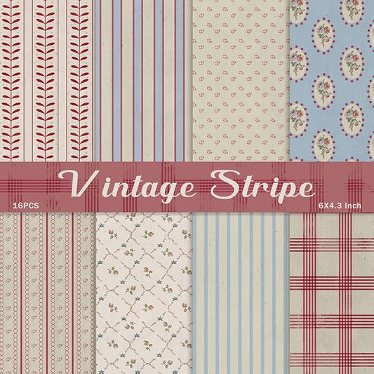 Scrapbook Paper,16 Sheets 4.1x5.8 Inch Vintage Stripe Style Scrapbook Supplies,Single-Sided Vivid Origami Decoupage Paper for DIY Crafts, Card Making, Art Journaling
