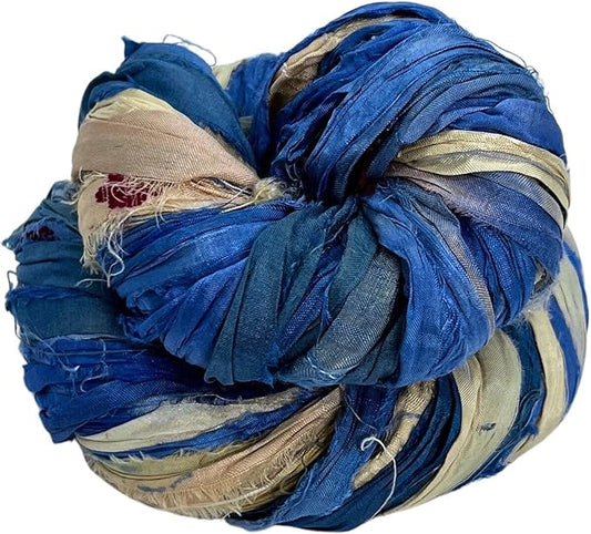 DARN GOOD YARN Recycled Sari Silk Ribbon Yarn “Partly Cloudy” Dyeable 100 Grams, 50 Yards, 1 Skein Handmade one of a Kind…