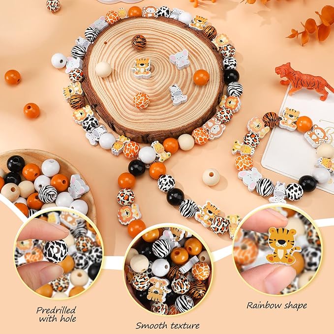 200 Pcs Cute Jungle Animals Wood Beads with Cow Leopard Tiger Giraffe Print Pattern Spacer Loose Beads for Room Party Decor Indoor Tiered Tray Wall Hanging Ornament
