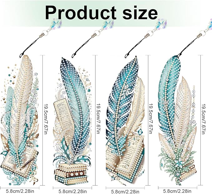 4-Pack 5D Diamond Painting Bookmarks Kit, Peacock Feather DIY Diamond Art Bookmarks with Rhinestones and Tassels, Creative Bookmark Making Set for Adults, Gift for Book Lovers