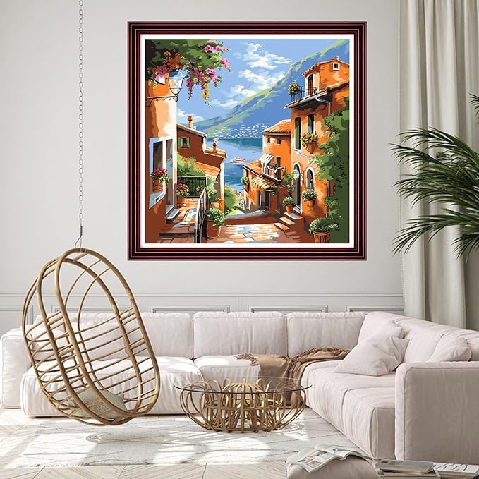 DMCCRAFT Stamped Cross Stitch Kits for Adults 11CT Printed Cross-Stitch Patterns Embroidery Kits Easy Cross Stitching Needlepoint Kits Crossstitch-Seaside Ancient Style Houses 18x18 inch