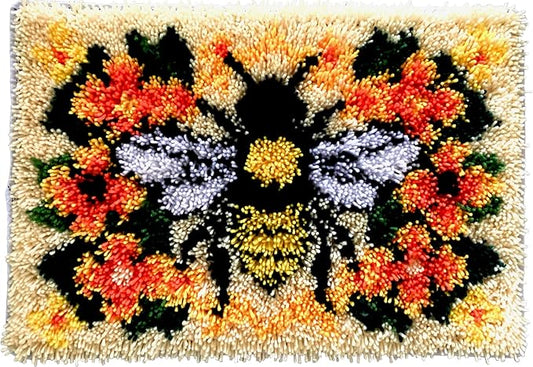 KitsMaster Buzzing Blooms” Latch Hook Kit – Bee & Flowers Design, Pre-Printed Canvas with Color-Coded Yarn, DIY Rug Making Kit for Adults & Beginners, 23.6''x15.8'' (Bee & Blossoms)
