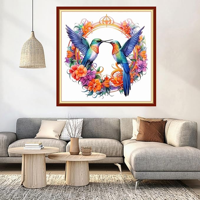 DMCVIVR Stamped Cross Stitch Kits for Beginners Adults Needlepoint Kits for Beginners Embroidery Kits for Adults Crossstitch Kit for Beginners 11CT-Hummingbird Wreath 18x18 inch
