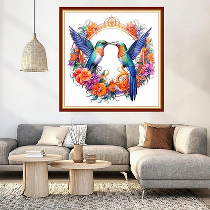 DMCVIVR Stamped Cross Stitch Kits for Beginners Adults Needlepoint Kits for Beginners Embroidery Kits for Adults Crossstitch Kit for Beginners 11CT-Hummingbird Wreath 18x18 inch