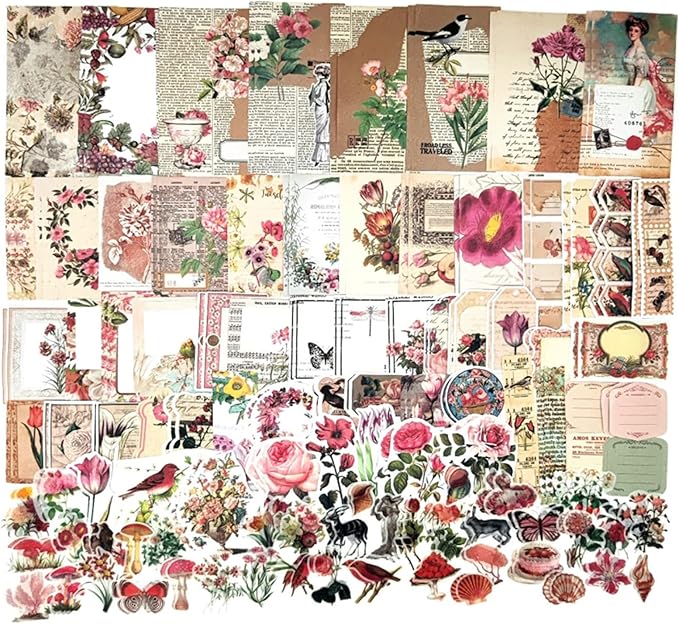 Esweny 200PCS Vintage Scrapbooking Supplies Kit for Journaling, Scrapbook Sticker Paper Pack for Junk Journal Planners Aesthetic Cottagecore Room Decor Wall Art Collage Album