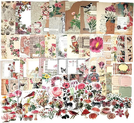 Esweny 200PCS Vintage Scrapbooking Supplies Kit for Journaling, Scrapbook Sticker Paper Pack for Junk Journal Planners Aesthetic Cottagecore Room Decor Wall Art Collage Album