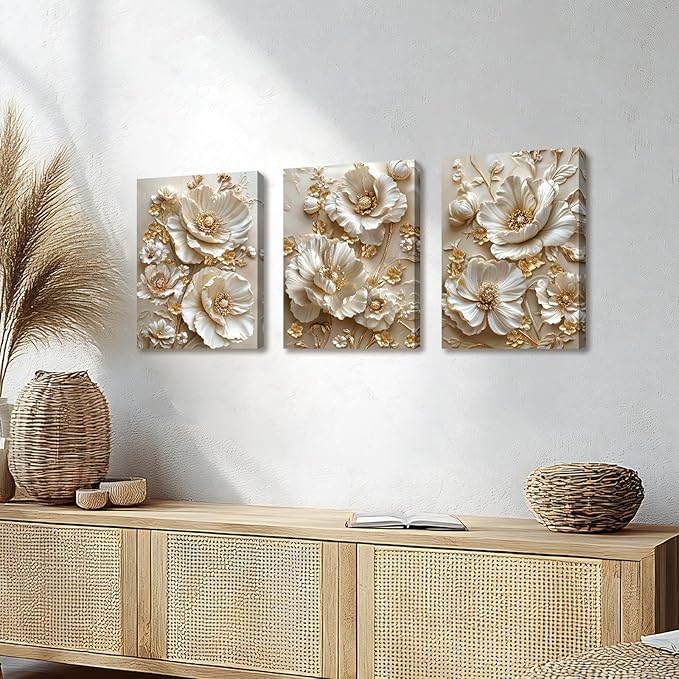3 Pcs Modern Beige Gold Peony Floral Canvas Wall Art, Neutral Elegant 3d Beige Flowers Wall Painting White Blooming Floral Pictures Posters Art Print Home Decor for Bedroom Living Room Office 12"x16"x3