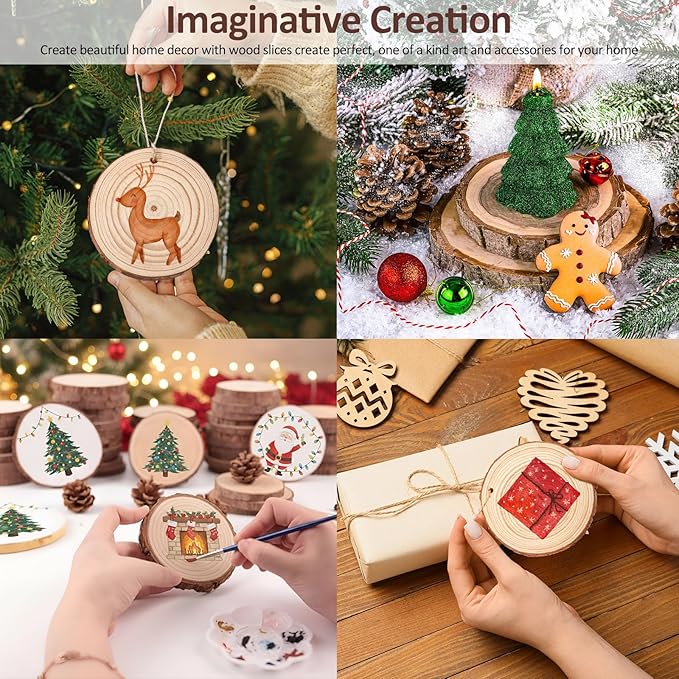 Kathfly 20 Pcs Unfinished Wood Slices with Hole for Centerpieces 5.1-5.5 Inch Natural Wood Craft Kits Round Wooden Discs with Paints Brush Palette for DIY Craft Christmas Ornament Wedding Home Decor