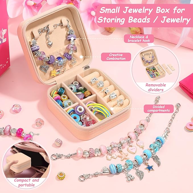 LifeisLuck Charm Bracelet Making Kit, 140 PCS DIY Craft Bead Sets Jewelry Making Kit, Portable Bracelet Organizer Gift Box for Teenage Birthday Christmas Stocking White Elephant Gift Exhange