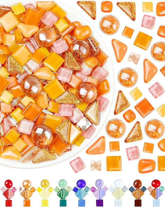FIVEIZERO 420g Mosaic Tiles for Crafts - 280Pcs Glass Mosaic Kits, Mixed Shapes Mosaic Glass Pieces for Art, Irregular Tiny Mosaic Tile for DIY Projects, Home Decoration(Orange)