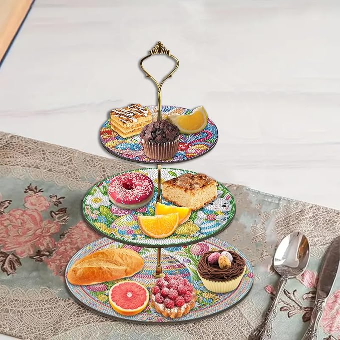 Three-Tier Diamond Painting Wooden Cake Stand DIY Sunflower Diamond Painting Cupcake Towel-Lined Tiered Tray Reusable Pastry Stand (Easter)