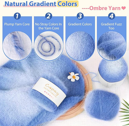 Coopay Ombre Yarn for Crocheting and Knitting - 4 Pack Dual Gradient Yarn Cake with Plush of 100g/3.52oz - 190m/207yds - 38% Wool, 40% Nylon, 22% Acrylic for Sweaters, Hats, Scarves (Empty Mountain)