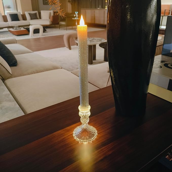 Flameless LED Taper Candles wish Illuminated Holder - Glass Candle Holder, Remote Timer 2AA Battery Operated 500 Hours for Thanksgiving/Xmas Decor, Wedding Centerpiece (Crystallized-Brilliant, 2 Pack)