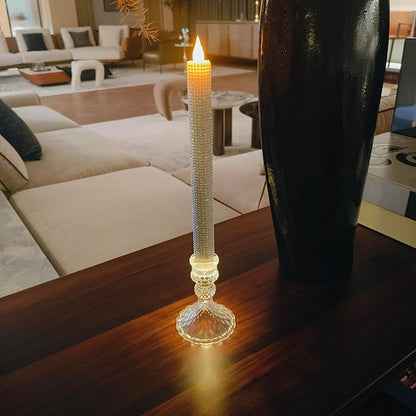 Flameless LED Taper Candles wish Illuminated Holder - Glass Candle Holder, Remote Timer 2AA Battery Operated 500 Hours for Thanksgiving/Xmas Decor, Wedding Centerpiece (Crystallized-Brilliant, 2 Pack)