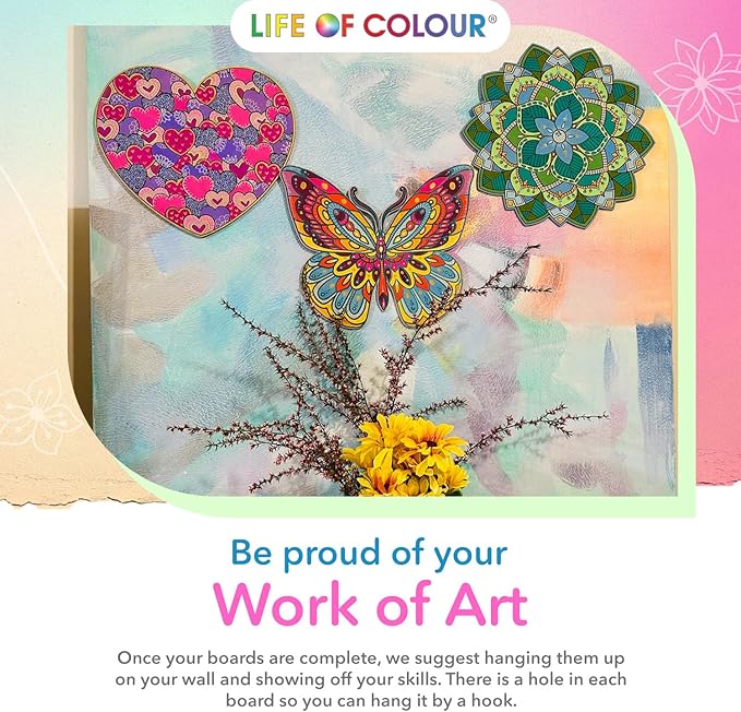 Life of Colour Painting Kit - Color Your Own Set of 3 Shaped Boards with 12 Life of Color Acrylic Paint Pens No Mess DIY Art and Crafts for Adults - Stunning Works of Art for Decorative Display