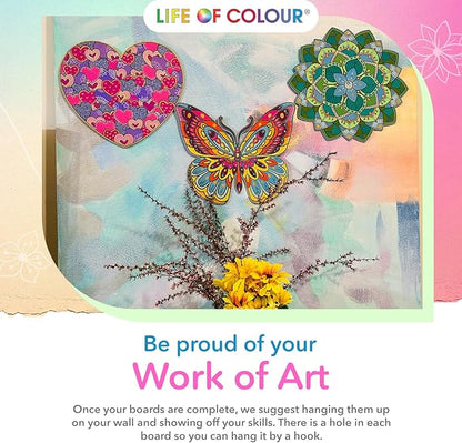 Life of Colour Painting Kit - Color Your Own Set of 3 Shaped Boards with 12 Life of Color Acrylic Paint Pens No Mess DIY Art and Crafts for Adults - Stunning Works of Art for Decorative Display