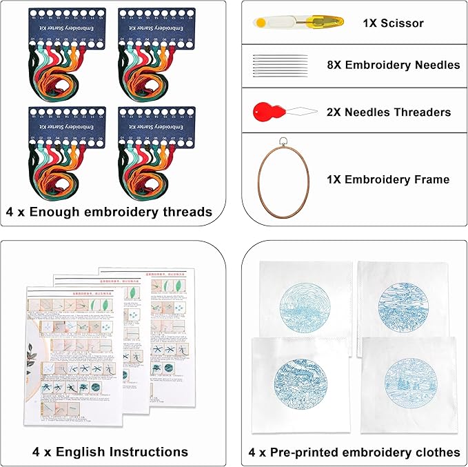 Maydear 4 Pack Embroidery Starter Kit with Pattern, Stamped Cross Stitch Kits for Beginners Adults with Embroidery Hoop and Instructions, Hand Embroidery Kit Cross Stitch Kits Stamped