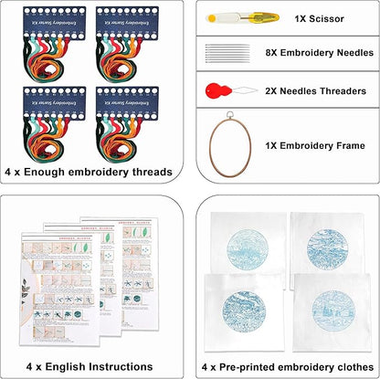 Maydear 4 Pack Embroidery Starter Kit with Pattern, Stamped Cross Stitch Kits for Beginners Adults with Embroidery Hoop and Instructions, Hand Embroidery Kit Cross Stitch Kits Stamped