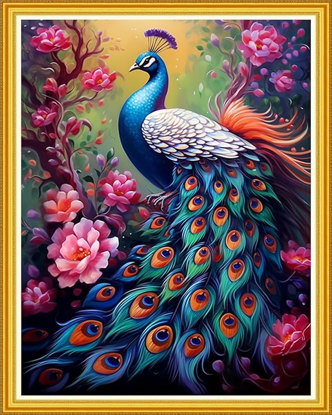 DMCVIVR Stamped Cross Stitch Kits for Beginners Adults Needlepoint Kits for Beginners Embroidery Kits for Adults Crossstitch Kit for Beginners 11CT-Peacock Flowers 16x20 inch