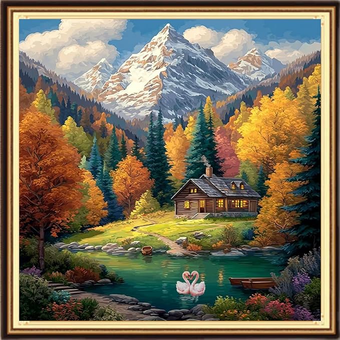 DMCVIVR Stamped Cross Stitch Kits for Adults Beginners Embroidery Kits 11CT Needlepoint Kits Cross Stitch Patterns Embroidery Patterns-Swan Lake Homeland Scenery 18x18 inch