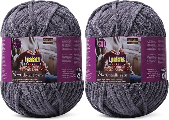 Baby Blanket Yarn for Crocheting - 2 Pack of 200g/7oz Chunky Chenille Yarn for Knitting Blankets Amigurumi - #6 Super Bulky - 348 Yards Soft Thick Plush Yarns (2, Dark Grey)