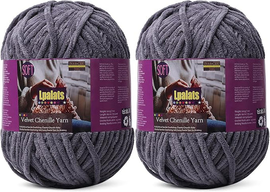 Baby Blanket Yarn for Crocheting - 2 Pack of 200g/7oz Chunky Chenille Yarn for Knitting Blankets Amigurumi - #6 Super Bulky - 348 Yards Soft Thick Plush Yarns (2, Dark Grey)