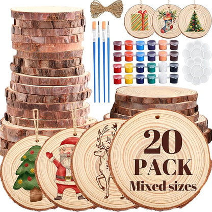 Kathfly 20 Pcs Unfinished Wood Slice with Hole for Centerpieces 3.5-8 Inch 4 Sizes Natural Wood Craft Kit Round Wooden Discs with Paint Brush Palette DIY Craft Christmas Ornament Wedding Home Decor