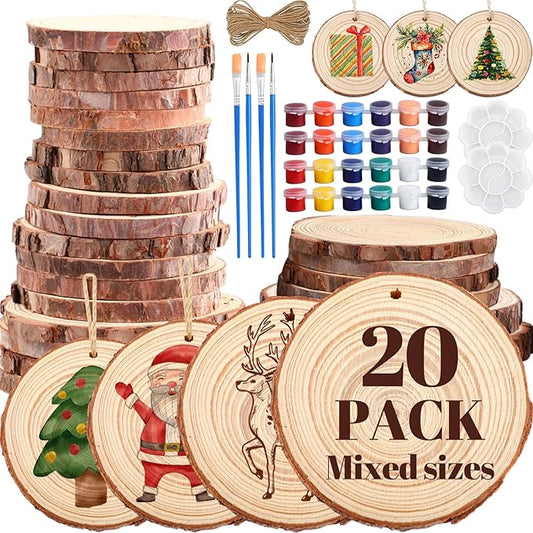 Kathfly 20 Pcs Unfinished Wood Slice with Hole for Centerpieces 3.5-8 Inch 4 Sizes Natural Wood Craft Kit Round Wooden Discs with Paint Brush Palette DIY Craft Christmas Ornament Wedding Home Decor