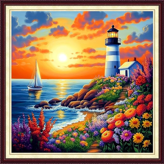DMCCRAFT Stamped Cross Stitch Kits for Adults 11CT Printed Cross-Stitch Patterns Embroidery Kits Easy Cross Stitching Needlepoint Kits&Seaside Lighthouse 18x18 inch